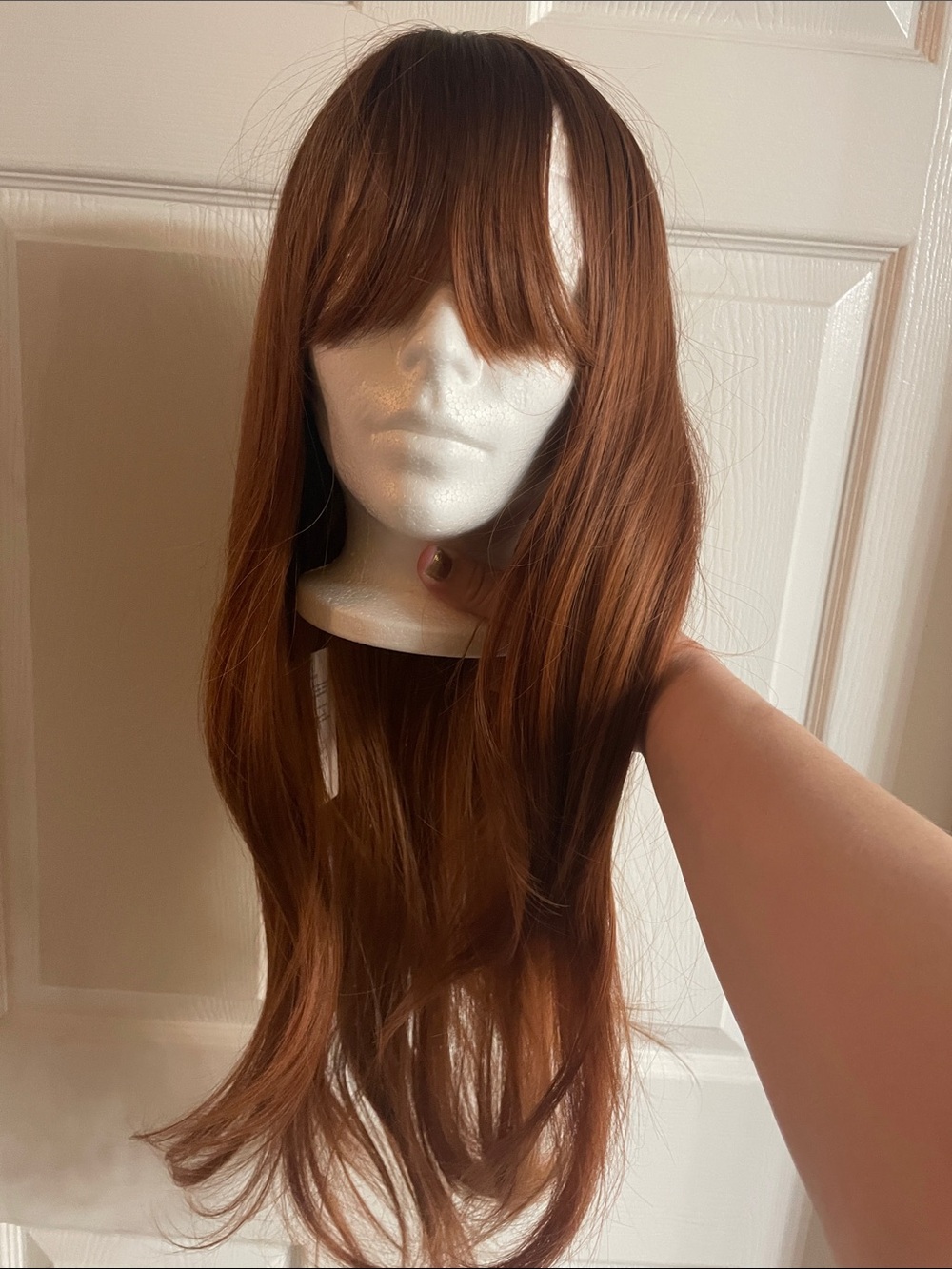 Long Copper Brown Layered Women's Wig with Fringe